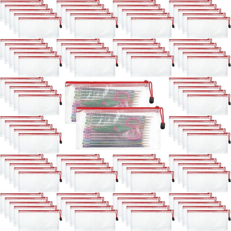 Handepo 100 Pack Mesh Zipper Pouch Pencil Pouches Bulk Clear File Bag Waterproof Document Pouch Multipurpose for Storage Office Travel Puzzle Game (White Pouch Red Zipper,A6/9.45x4.53in) - Image 1