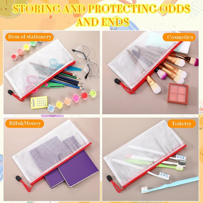Handepo 100 Pack Mesh Zipper Pouch Pencil Pouches Bulk Clear File Bag Waterproof Document Pouch Multipurpose for Storage Office Travel Puzzle Game (White Pouch Red Zipper,A6/9.45x4.53in) - Image 4