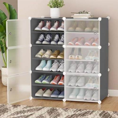AYSIS DIY Shoe Rack Organizer/Multi-Purpose Plastic 12 Layers 6 Door Portable and Folding Shoe Rack ^ Grey12Shelf6Door - Image 1