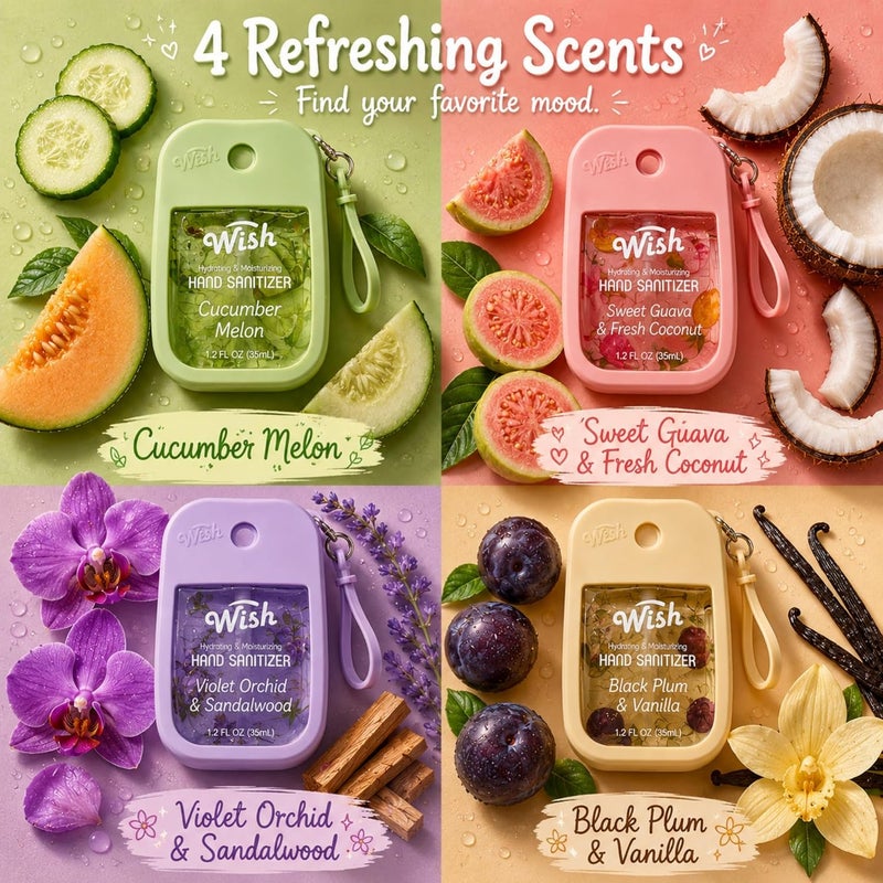 Room to room portable Hand Sanitizer Spary Travel Size Spray 4-Piece 1.2 FL OZ (35ML) Each, Black Plum vanilla, Violet orchid sandalwood, Sweet Guava Fresh Coconut, Cucumber Melon, Hydrating and Moisturizing,(4 pack) Trendy versatile build - Image 2