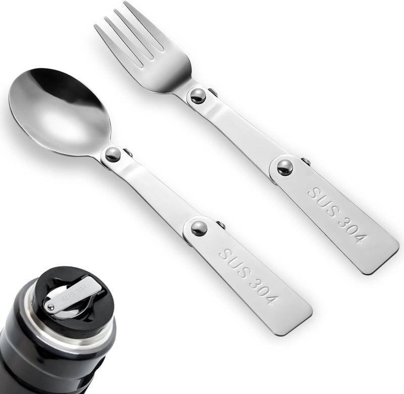 lasuroa 2pcs Replacement Spoon  Fork for Thermos Stainless Steel Foldable Spoon  Dinner Fork for Outdoors Travel Replacement Parts Compatible with Thermos Funtainer 16oz Food Jar - Image 1