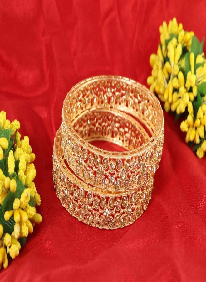 STYOLLO Gold Finish Alloy Kada For Women & Girls With Clear Stone Embedded Wide & Jaali Cut Design | Glossy Metal Chudi | Stylish Kada Set - Set Of 2 (SYL_ST10_SD025-Kada-Gold-2.2) - Image 5