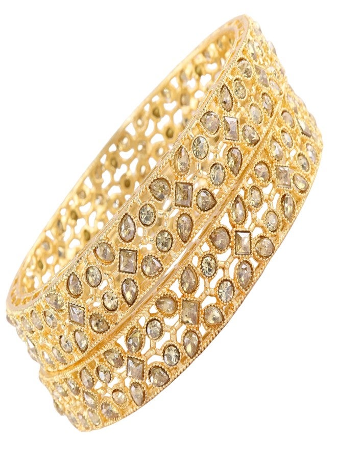 STYOLLO Gold Finish Alloy Kada For Women & Girls With Clear Stone Embedded Wide & Jaali Cut Design | Glossy Metal Chudi | Stylish Kada Set - Set Of 2 (SYL_ST10_SD025-Kada-Gold-2.2) - Image 2