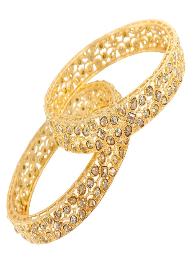 STYOLLO Gold Finish Alloy Kada For Women & Girls With Clear Stone Embedded Wide & Jaali Cut Design | Glossy Metal Chudi | Stylish Kada Set - Set Of 2 (SYL_ST10_SD025-Kada-Gold-2.2) - Image 1