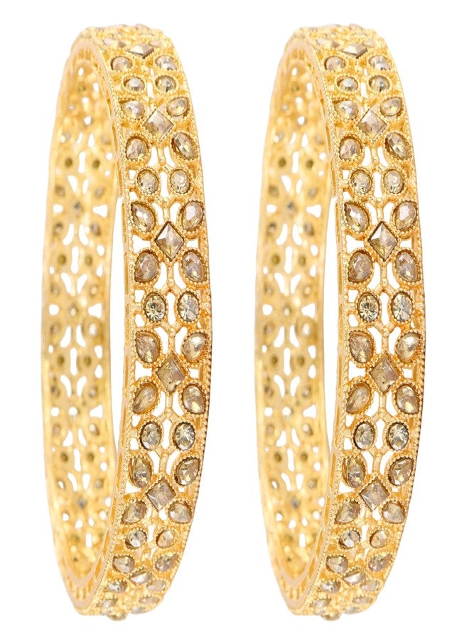 STYOLLO Gold Finish Alloy Kada For Women & Girls With Clear Stone Embedded Wide & Jaali Cut Design | Glossy Metal Chudi | Stylish Kada Set - Set Of 2 (SYL_ST10_SD025-Kada-Gold-2.2) - Image 3