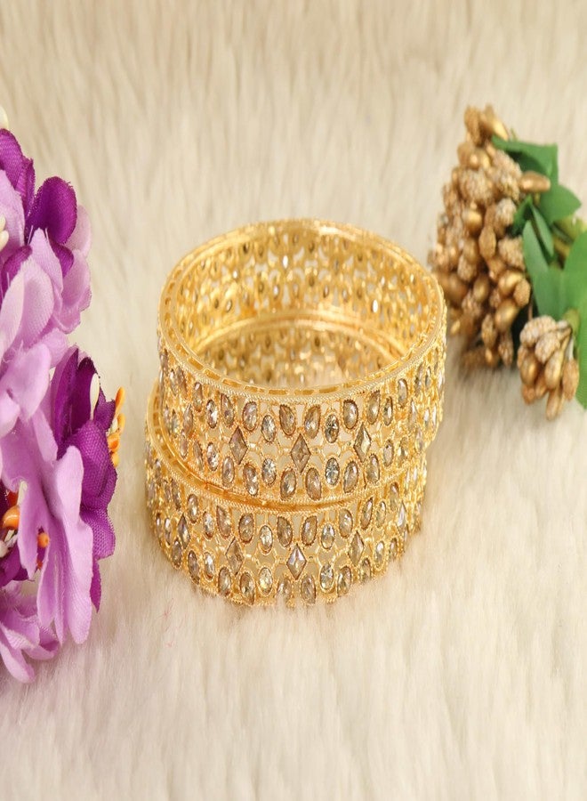 STYOLLO Gold Finish Alloy Kada For Women & Girls With Clear Stone Embedded Wide & Jaali Cut Design | Glossy Metal Chudi | Stylish Kada Set - Set Of 2 (SYL_ST10_SD025-Kada-Gold-2.2) - Image 4