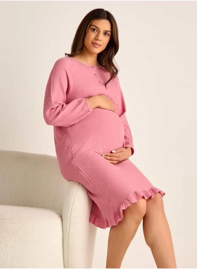 FAV Textured Maternity Night Dress with Long Sleeves