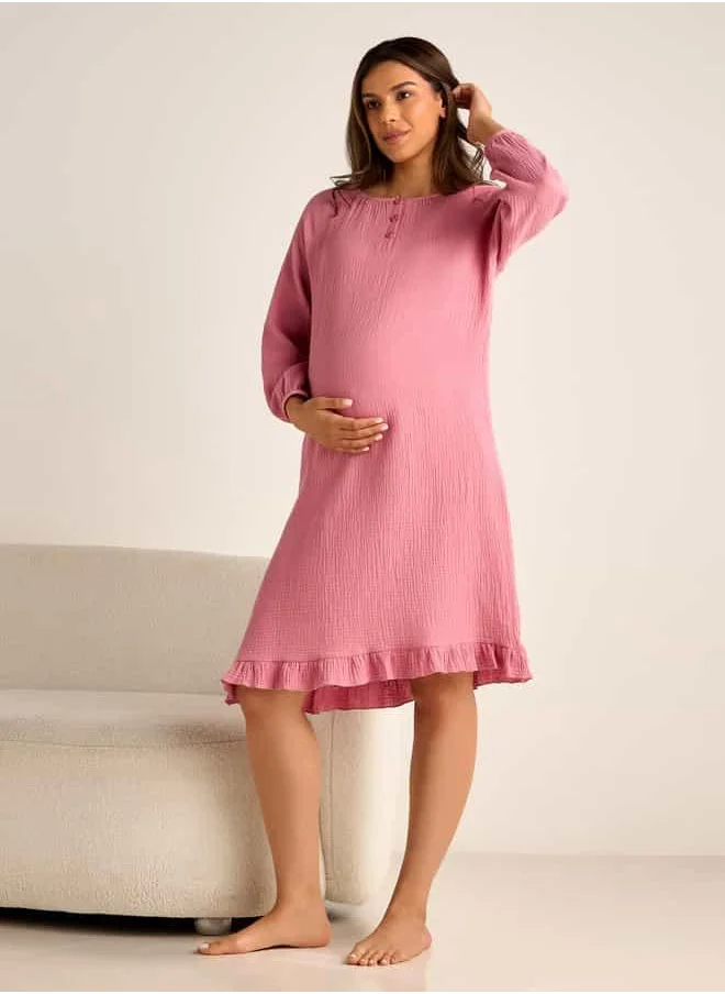 FAV Textured Maternity Night Dress with Long Sleeves
