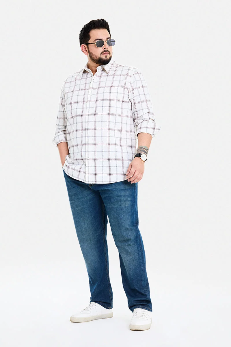 سنيتش Cream Checkered Long Sleeve Regular Fit Casual Plus Size Shirt