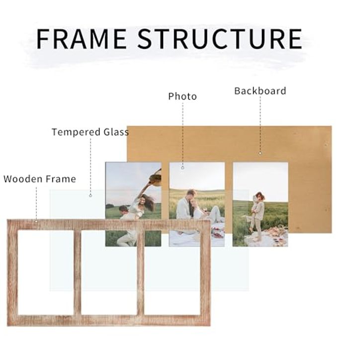 YESKAY 4x6 Collage Picture Frames, 3 Picture Frame 4x6, Rustic Brown Wood Frame with Tempered Glass, 3 Opening 4 by 6 Photo Frame Wall Decor or Tabletop, 1 Pack - Image 3