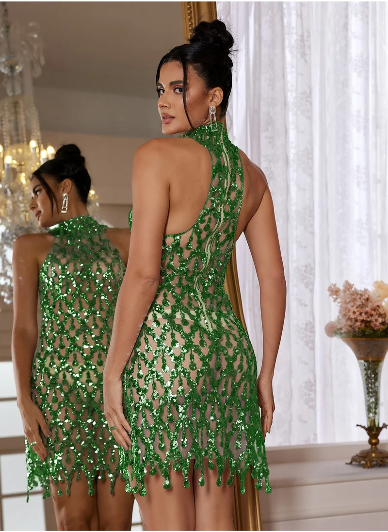 Madam Uniq Diamond Sequin Mesh Stretch Short Skirt Evening Dress