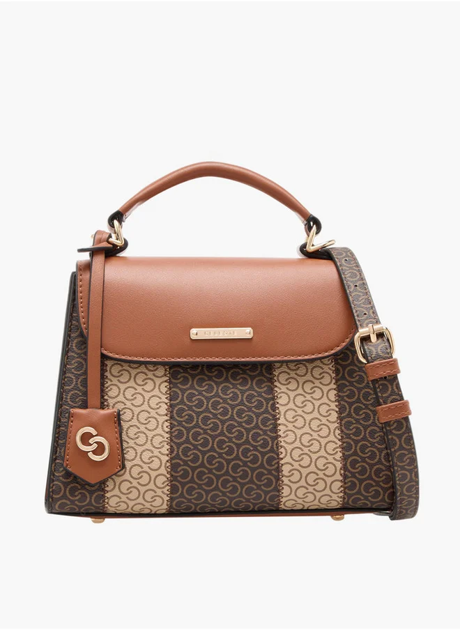 Celeste Women's Monogram Print Satchel Bag with Detachable Strap and Flap Closure