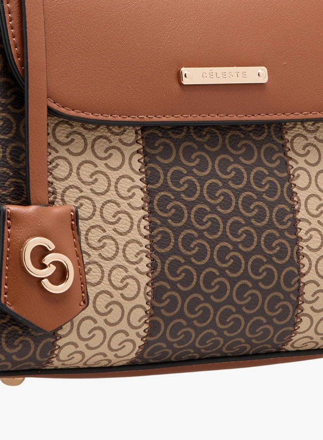 Celeste Women's Monogram Print Satchel Bag with Detachable Strap and Flap Closure