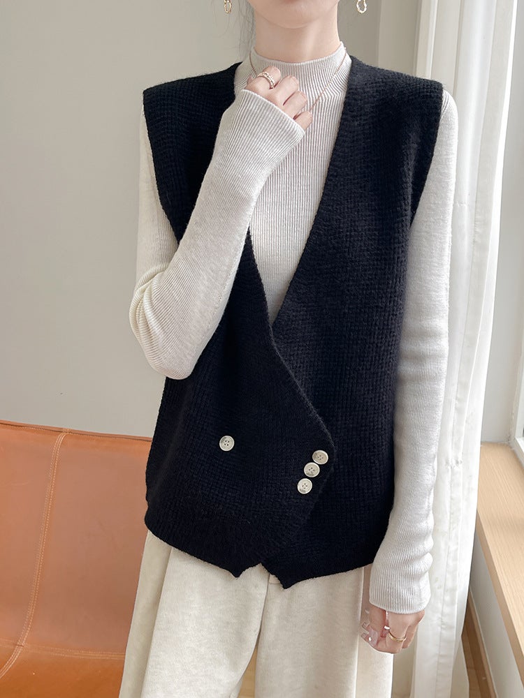 V-Neck Vest Cardigan Fashion Elegant All-Match Knitted Vest Sleeveless Elegant Outer Top - Image 3