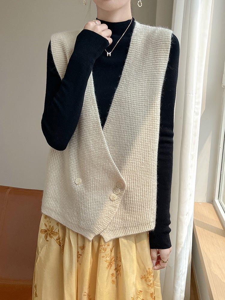 V-Neck Vest Cardigan Fashion Elegant All-Match Knitted Vest Sleeveless Elegant Outer Top - Image 4