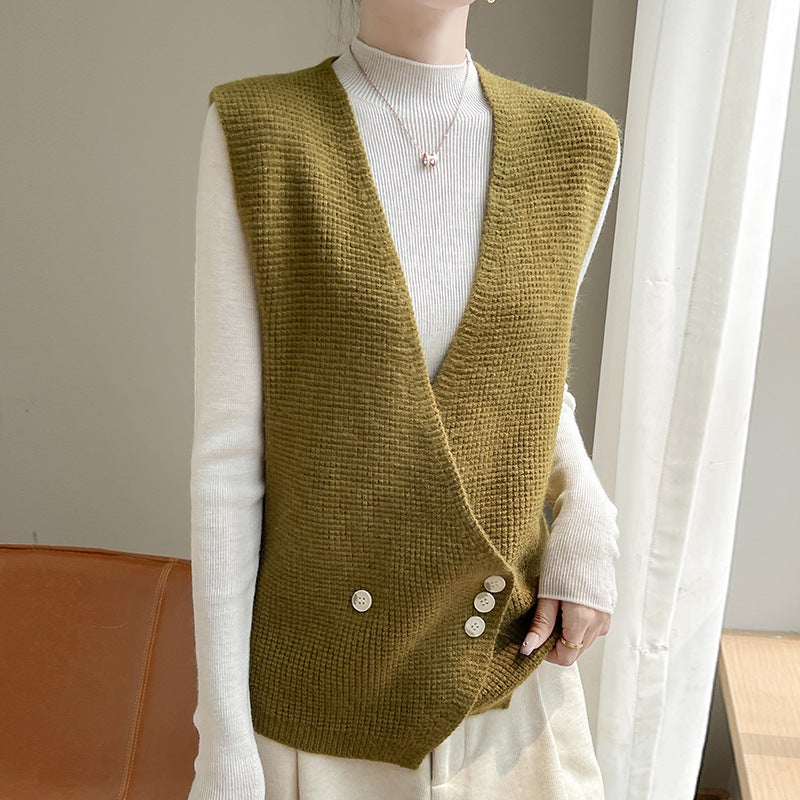 V-Neck Vest Cardigan Fashion Elegant All-Match Knitted Vest Sleeveless Elegant Outer Top - Image 1
