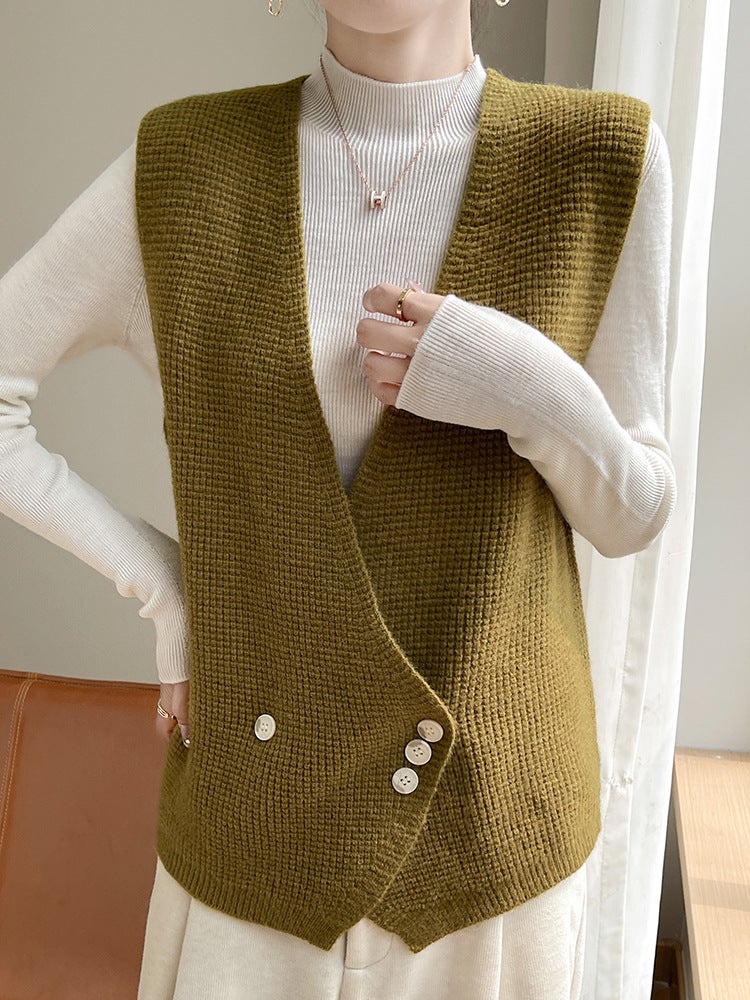 V-Neck Vest Cardigan Fashion Elegant All-Match Knitted Vest Sleeveless Elegant Outer Top - Image 2