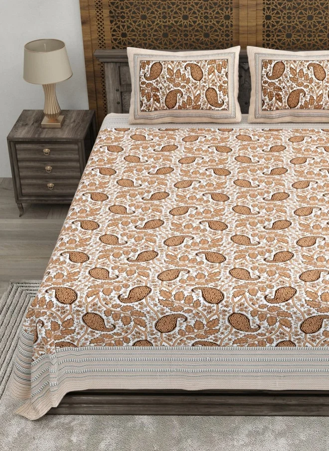 CLOTHOLOGY CLOTHOLOGY Brown & Grey Floral Printed 180 TC Flat Cotton King Bedsheet with 2 Pillow Covers