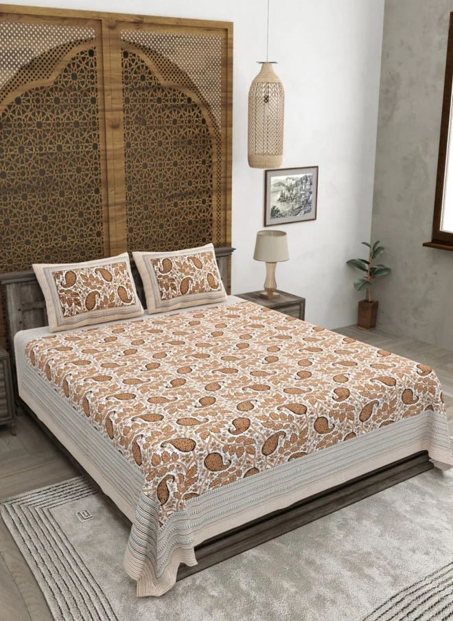 CLOTHOLOGY CLOTHOLOGY Brown & Grey Floral Printed 180 TC Flat Cotton King Bedsheet with 2 Pillow Covers