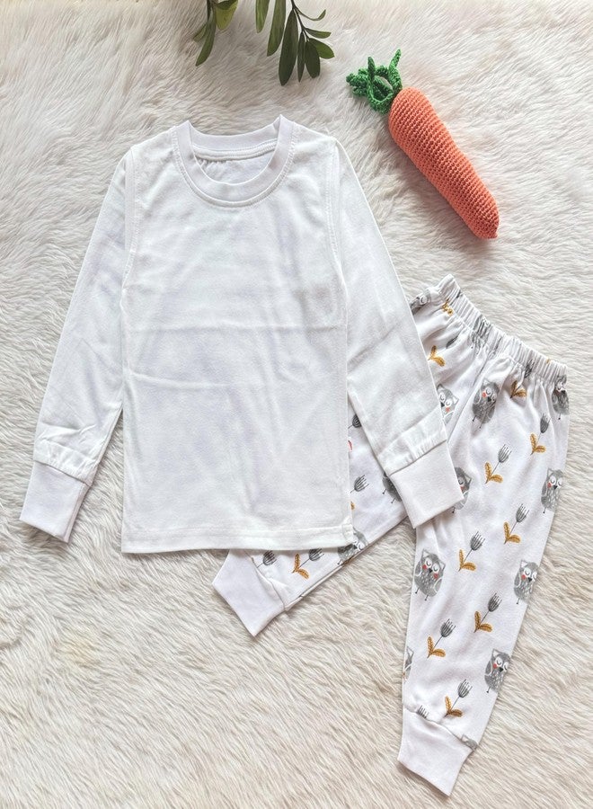Picksparrow Soft Cotton Newborn Baby T-Shirt-Pants Clothing Set (White, Owl) (2-3 Years) - Image 2