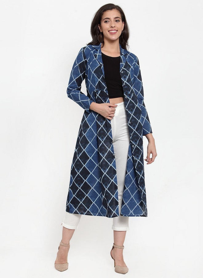 Indibelle Geometric Printed Cotton Longline Open Front Shrug in Blue and Black - Image 1