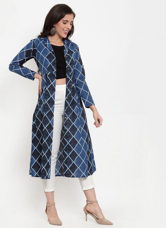 Indibelle Geometric Printed Cotton Longline Open Front Shrug in Blue and Black - Image 3