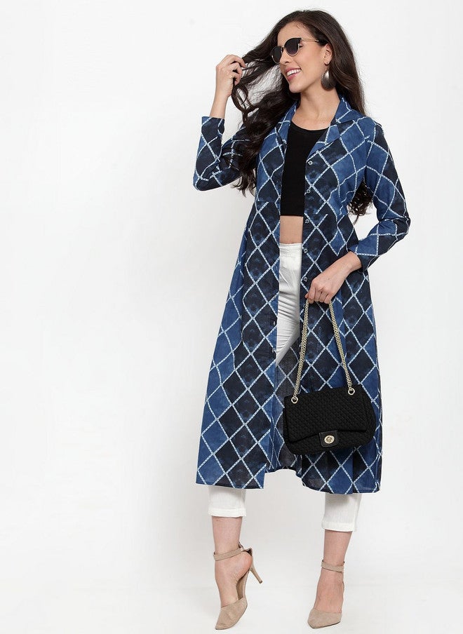 Indibelle Geometric Printed Cotton Longline Open Front Shrug in Blue and Black - Image 5