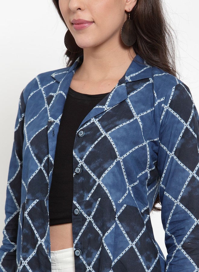 Indibelle Geometric Printed Cotton Longline Open Front Shrug in Blue and Black - Image 2