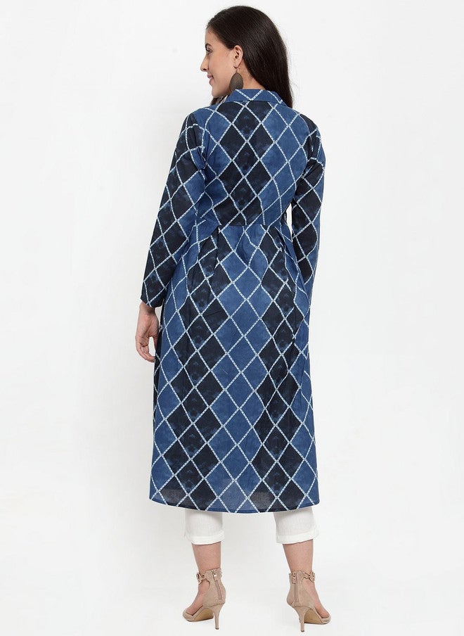Indibelle Geometric Printed Cotton Longline Open Front Shrug in Blue and Black - Image 4