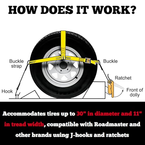 Roadmaster 2150 Single Universal Tie Down Strap | Compatible with Tires up to 30" Diameter & 11" Tread Width | 2" Wide Nylon Webbing | 5,000 Pound Capacity | Secures Vehicle to Tow Dolly - Image 5