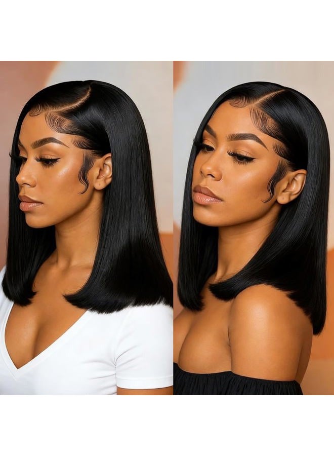 Superfect Bob Wig Human Hair 13x4 Lace Front Wigs Human Hair Pre Plucked 14 Inch Straight HD Lace Frontal Short Glueless Wigs for Women with Baby Hair 180% Density Natural Black Color - Image 1