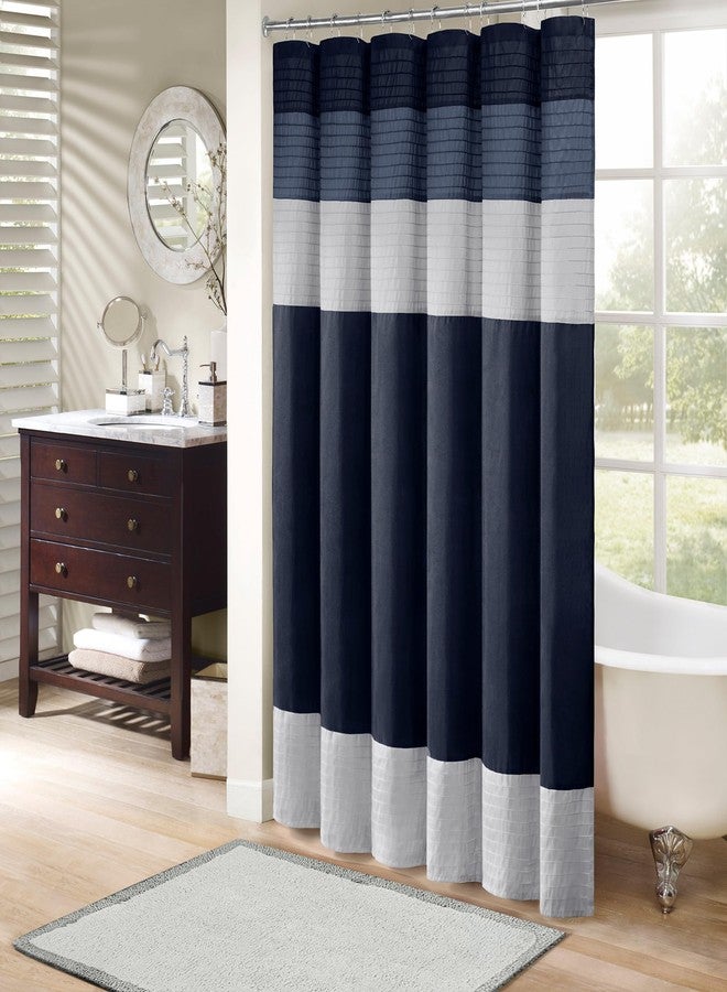 Madison Park Amherst Bathroom Shower Curtain Faux Silk Pieced Striped Modern Microfiber Bath Curtains, 72x72 Inches, Navy - Image 1