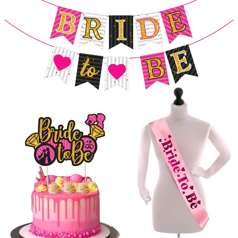 Zyozique Bridal Shower & Bachelorette Party Decoration Set - Bride To Be Banner, Cake Topper & Sash (Pack of 3) - Image 1