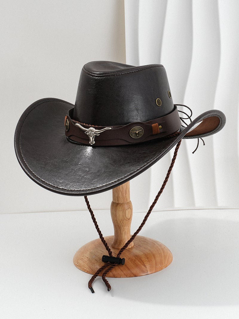 Men'S And Women'S Western Pu Leather Cowboy Hat Fashion Metal Three-Dimensional Cow'S Head Retro Curved Leather Belt For Competitive Performance - Image 1