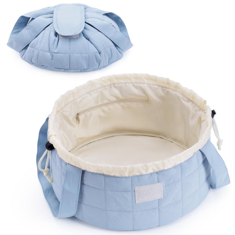 Narwey Lay Flat Open Drawstring Makeup Bag, Large Quilted Cosmetic Bag for Women Girls, Cute Make up Bags with Handle, Portable Travel Toiletry Bag for Skincare, Brushes & Travel Essentials (Blue) - Image 1