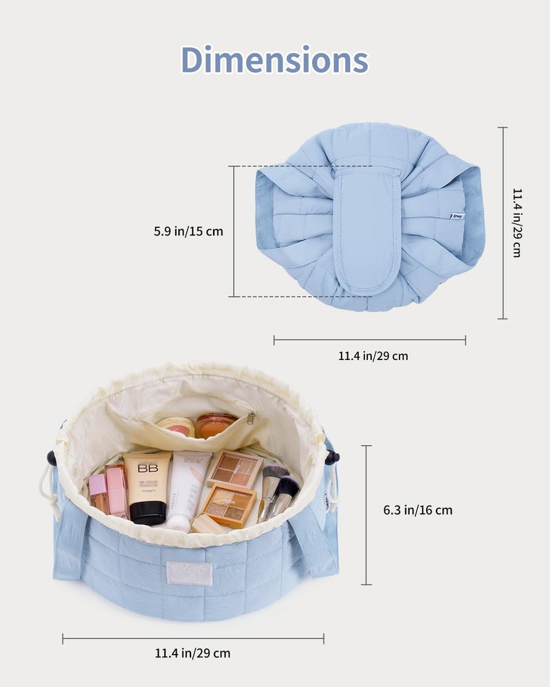 Narwey Lay Flat Open Drawstring Makeup Bag, Large Quilted Cosmetic Bag for Women Girls, Cute Make up Bags with Handle, Portable Travel Toiletry Bag for Skincare, Brushes & Travel Essentials (Blue) - Image 5
