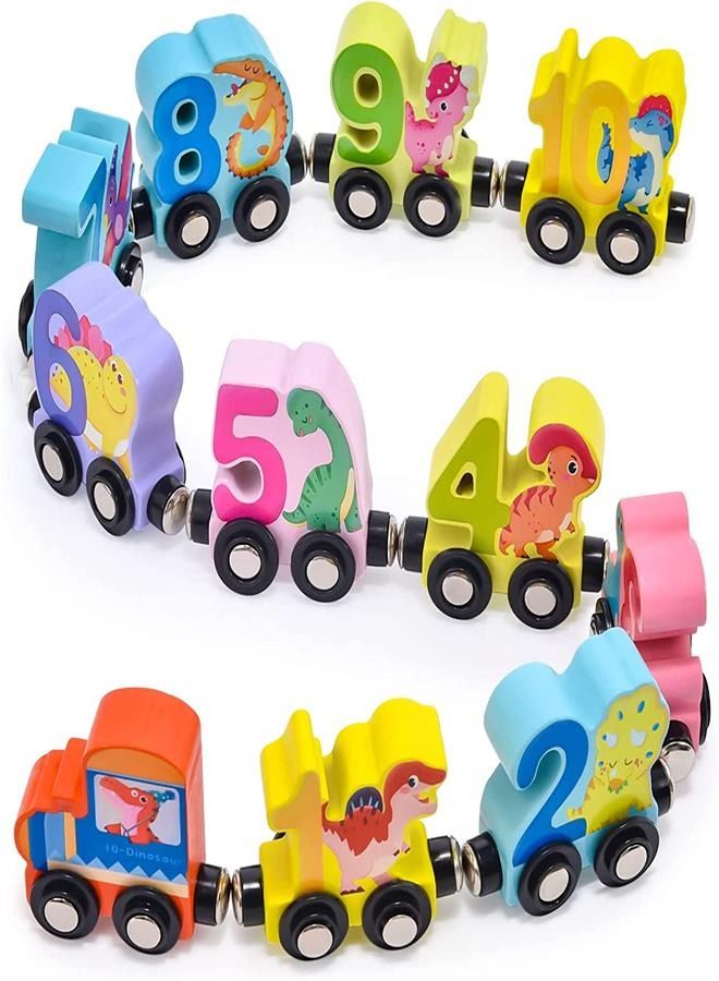 Dinosaur Wooden Train Set Toys Magnetic Collection Number 1-10 Train Track Pull Along Toy Montessori Educational Learning Toys Gifts for Kids Toddler Boys Girls 1 2 3 4 5 Years Old 11Pack  - Image 1