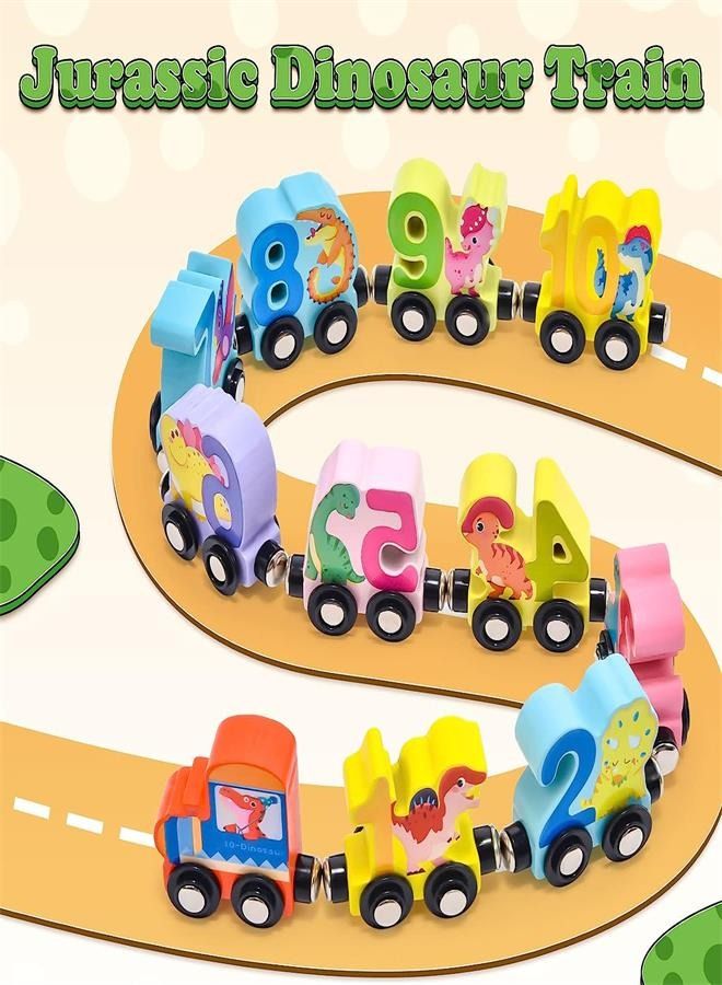 Dinosaur Wooden Train Set Toys Magnetic Collection Number 1-10 Train Track Pull Along Toy Montessori Educational Learning Toys Gifts for Kids Toddler Boys Girls 1 2 3 4 5 Years Old 11Pack  - Image 4