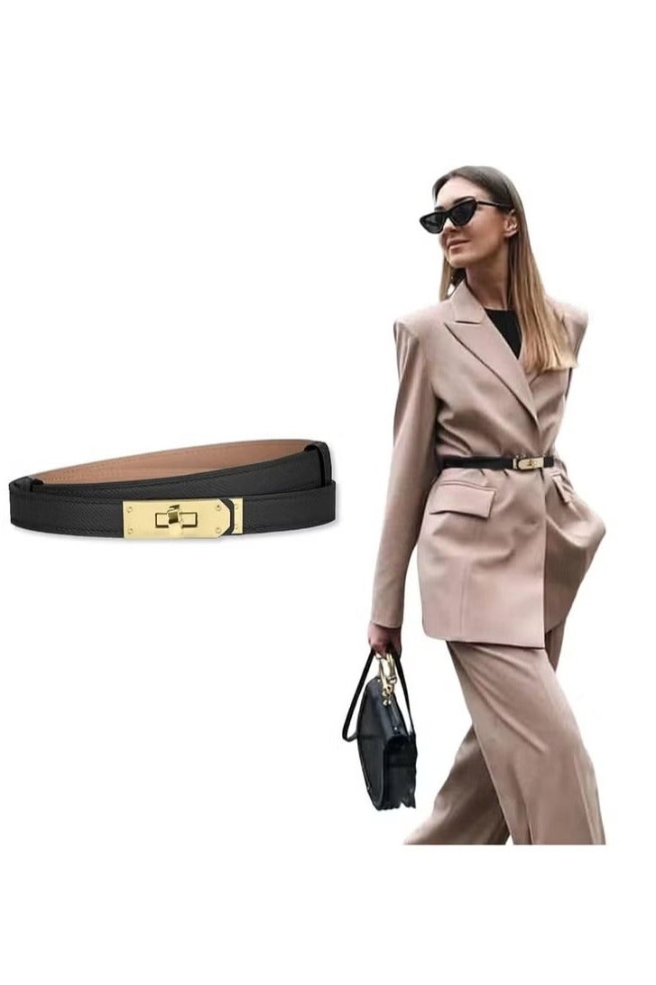 Women's Belt,Classic Ladies Skinny Belts Jeans Belt Buckle Dresses Thin Waist Belt,Vintage Alloy Adjustable Leather Belt Thin Waist Belt Decorative for Dress Jeans Trousers Overcoat(Black) - Image 1