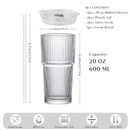 INSETLAN 20 oz Ribbed Glass Tumblers with Lids and Glass Straws – 2-Piece Glassware Set, Heavy-Duty Tumblers, Ideal for Iced Coffee, Smoothies, Cocktails, and Juices – Elegant and Durable Drinkware - Image 2
