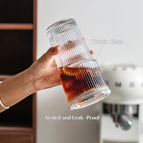 INSETLAN 20 oz Ribbed Glass Tumblers with Lids and Glass Straws – 2-Piece Glassware Set, Heavy-Duty Tumblers, Ideal for Iced Coffee, Smoothies, Cocktails, and Juices – Elegant and Durable Drinkware - Image 5