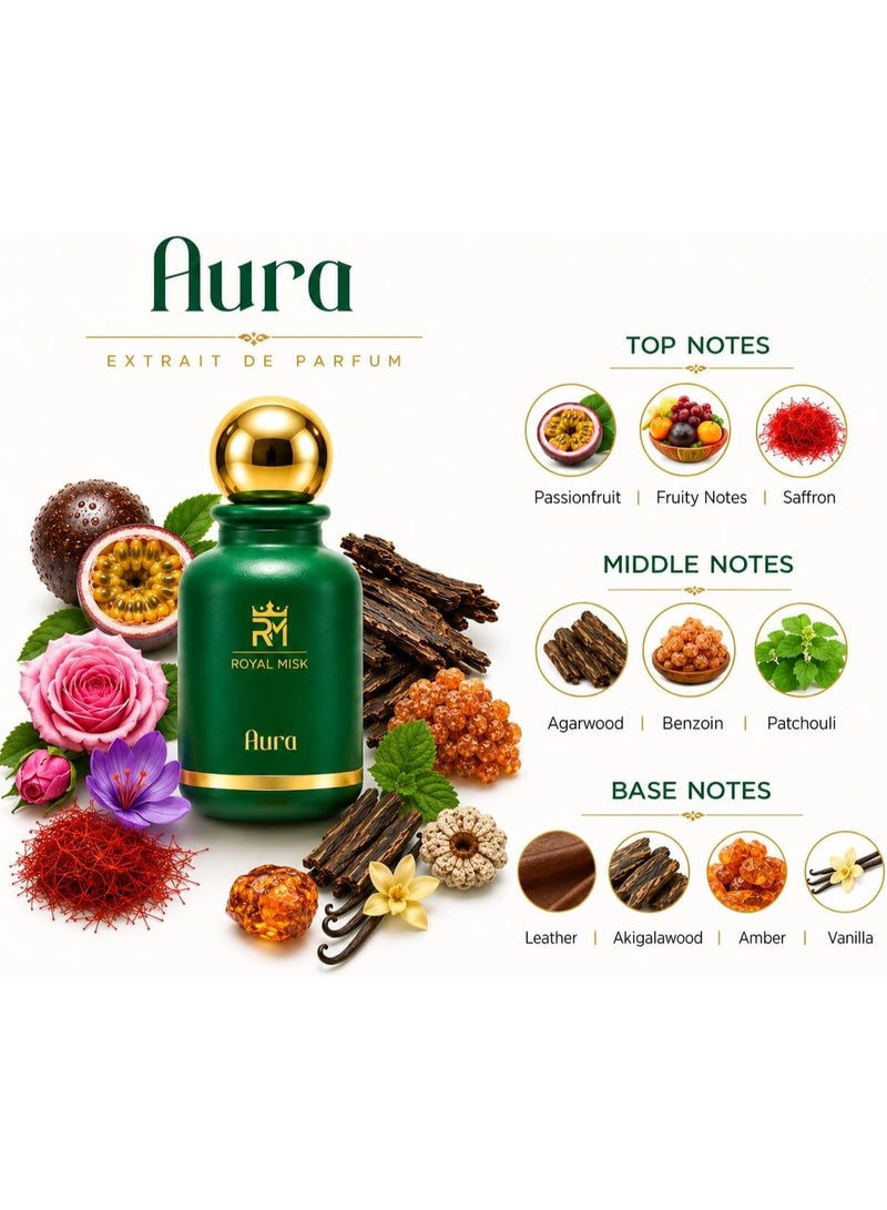 رويال مسك  عطر Aura Extrait de Parfum 100 مل، عطر طويل الأمد للجنسين مع فاكهة العاطفة والعود والجلد والعنبر والفانيليا - Image 3