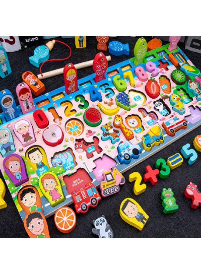 Wooden Multifunctional Logarithmic Board Magnetic Fishing Children's Digital Computing Shape Matching Cognitive Early Education Educational Toys-Color:Beautiful Logarithmic Plate - Image 1