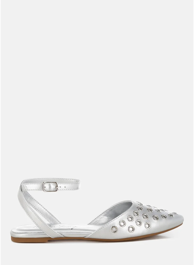 London Rag Metallic Eyelet Detail Flat Sandals in Silver