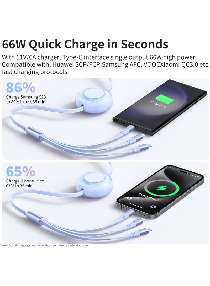 66W/6A Multi Charging Cable, Retractable Coiled Multi Charging Cable 3 in 1 Charger Cord with USB C/Micro USB Port for iPhone 15/15 Pro/15 Pro Max, Samsung Galaxy S23, iPad, Kindle - Image 4