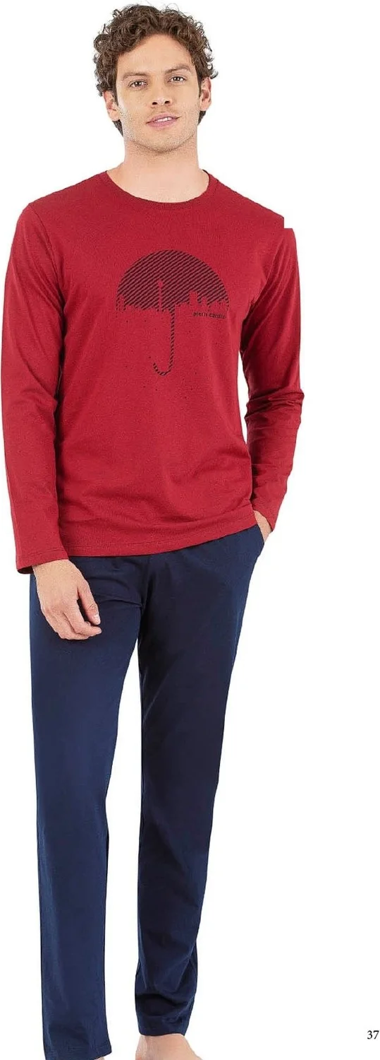 بيير كاردان 6070 Men's Long Sleeve Crew Neck Pajama Set-Burgundy