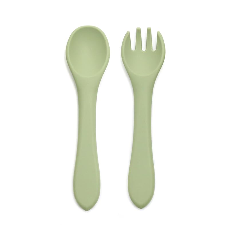 Kids Station 2 Piece Portable Silicone Baby Feeding Set -Fork - Spoon - Make Mealtime Fun and Easy for Your Little One - Portable and Diaper Bag Friendly - Mealtime Essentials (Green) - Image 1