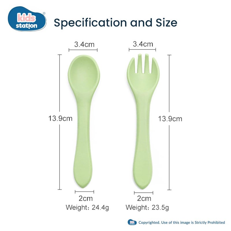 Kids Station 2 Piece Portable Silicone Baby Feeding Set -Fork - Spoon - Make Mealtime Fun and Easy for Your Little One - Portable and Diaper Bag Friendly - Mealtime Essentials (Green) - Image 2