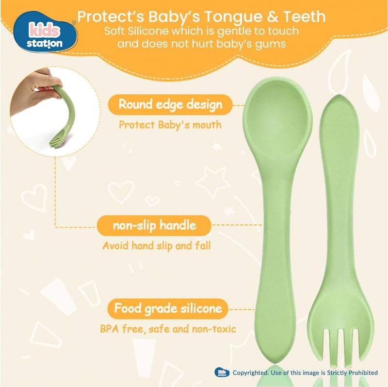 Kids Station 2 Piece Portable Silicone Baby Feeding Set -Fork - Spoon - Make Mealtime Fun and Easy for Your Little One - Portable and Diaper Bag Friendly - Mealtime Essentials (Green) - Image 3
