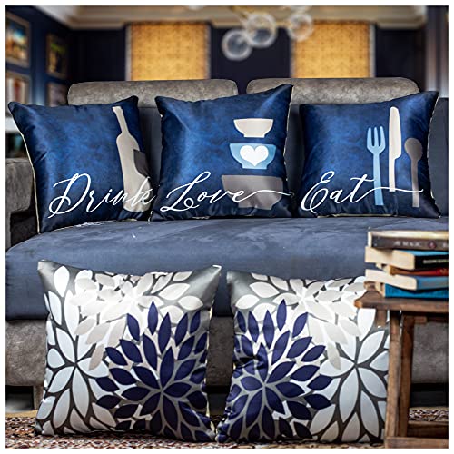 Vendola Decorative Satin Sofa Cushion Covers Set of 5, 20 Inch x 20 Inch, Sofa Cushion Pillow Cover, Navy Blue, White and Grey Colour, Floral Design, Zipper Closure (EDL, 20X20 Inches) - Image 1